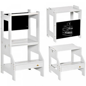 Qaba Escabeau De Cuisine 2 En 1 Pour Enfants, Escabeau Pour Tout-petits Avec Rail De Securite, Tableau Noir Pour Cuisine, Salle De Bain, Chambre, Gris