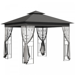 Outsunny 10' X 10' Gazebo Canopy Patio Exterieur Protection Uv Avec Rideau De Toit En Polyester A 2 Niveaux Murs Lateraux Et Structure En Acier Gris