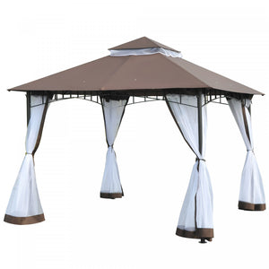 Outsunny 10x10pi Pare-soleil Exterieur A Auvent De Gazebo De Jardin A Deux Niveaux Toit Anti-uv Resistant A L'eau Avec Structure En Metal Et Parois Laterales En Maille Cafe