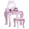 Qaba Table De Vanite Pour Enfants, Vanite De Maquillage Avec Miroir Et Tabouret, Conception De Chat, Tiroir, Boites De Rangement, Pour 3-6 Ans, Rose