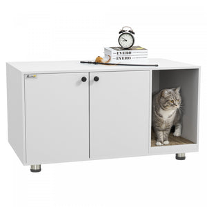 Pawhut Boitier De Litiere Pour Chat, Meuble De Toilette Cache Industriel Pour Chat, Table D'extremite Avec Double Porte Et Tapis A Gratter Pour Le Salon, La Chambre A Coucher, Le Couloir, Blanc