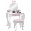 Qaba Coiffeuse Pour Enfants Avec Miroir Et Tabouret, Coiffeuse Pour Filles Avec Tiroir, Boites De Rangement, Vanite De Maquillage Design Lapin, Pour 3-6 Ans, Blanc