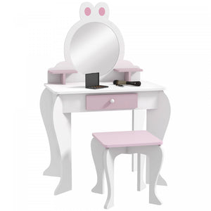 Qaba Coiffeuse Pour Enfants Avec Miroir Et Tabouret, Coiffeuse Pour Filles Avec Tiroir, Boites De Rangement, Vanite De Maquillage Design Lapin, Pour 3-6 Ans, Blanc