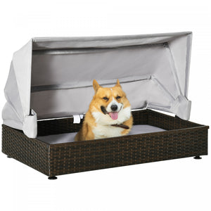Pawhut Niche Pour Chien En Osier Avec Toit Pliable, Canape Sureleve Pour Animal De Compagnie, Lit Chien Chat En Rotin Interieur Et Exterieur, Pour Chiens De Petite Ou Moyenne Taille, Cafe