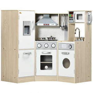 Qaba Cuisine En Bois Avec Sons Et Lumieres, Coin Cuisine Pour Enfants Avec Telephone, Machine A Glacons, Micro-ondes, Hotte, Refrigerateur, Ustensiles, Cadeau Pour Les 3-6 Ans, Blanc.