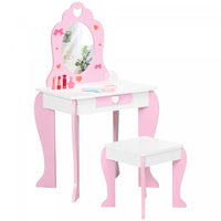 Qaba Coiffeuse Et Chaise Ensemble, Coiffeuse Pour Filles, Bureau De Maquillage Avec Tiroir, Motifs C