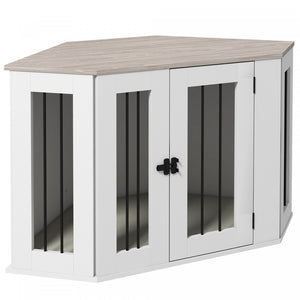 Pawhut Meuble De Cage Pour Chien, 41po Design D'angle, Porte, Serrure, Cage Pour Chien De Style Mobilier D'interieur Pour Chiens De Taille Moyenne, Blanc