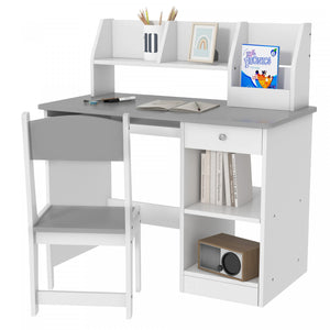 Qaba Ensemble Bureau Et Chaise Pour Enfants De 5 A 8 Ans Avec Rangement, Table D'etude Et Chaise Pour Enfants, Gris