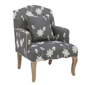 Fauteuil d'appoint Kenna en tissu d'apparence lin orné de broderie florale - gris