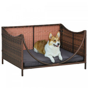 Pawhut Lit En Rotin Pour Chiens Et Chats De Petite Taille Et De Taille Moyenne, Niche En Osier Pour Chien A L'exterieur Avec Coussin Resistant A L'eau, 35