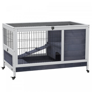 Pawhut Clapier D'interieur En Bois Pour Lapin Avec Cage Surelevee Avec Enclos Ferme Avec Roues, Ideal Pour Lapins Et Cochons D'inde, Blanc