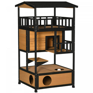 Pawhut Maison D'exterieur En Bois Pour Chat, Abri Pour Chat Sauvage, Arbre A Chaton Avec Toit En Asphalte, Portes De Secours, Condo, Plate-forme De Saut, Jaune