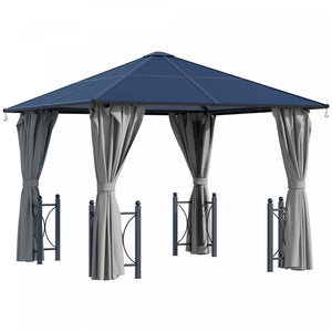 Outsunny 10' X 10' Tonnelle Gazebo Exterieur A Toit Rigide Panneaux De Polycarbonate Avec Cadre En Aluminium, Moustiquaires Et Rideaux Noir