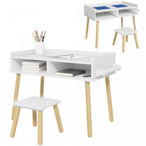 Qaba Ensemble Table Et Chaise Pour Enfants, Table D'activites 3 En 1 Pour Tout-petits, Rouleau De Papier, Rangement, Pour Jouer, Dessiner, Lire, Pour Creche, Salle De Jeux, Bleu