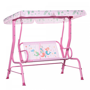 Outsunny Balancoire 2 Places Pour Enfants, Chaise Longue De Terrasse Pour Enfants, Pour Porche De Jardin, Avec Auvent Reglable, Ceinture De Securite, Motif Sirene, Pour 3-6 Ans, Rose.