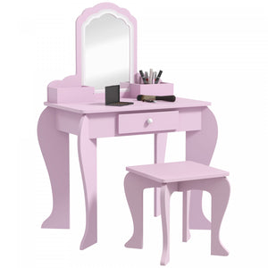 Qaba Table De Vanite Pour Enfants, Vanite De Maquillage Avec Miroir Et Tabouret, Conception De Nuage, Tiroir, Boites De Rangement, Pour 3-6 Ans, Rose