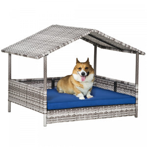 Pawhut Lit Pour Chien En Rotin Sureleve Pawhut Lit De Chien En Osier Exterieur Meubles Pour Animaux De Compagnie Canape-lit Avec Coussin Rembourre Et Abri De Toit, Bleu Fonce