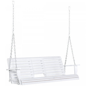 Banc De Balancoire En Bois Outsunny 2 A 3 Places Avec Table Pliable, Porte-gobelets, Chaines En Acier Jardin, Patio, Cour, Blanc