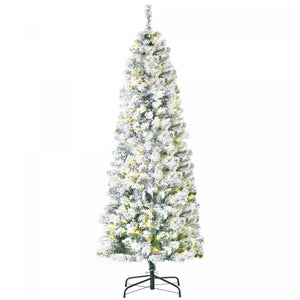 Homcom Arbre De Noel En Forme De Crayon Floque De Neige Artificielle Pre-eclaire De 6 Pieds Avec 250 Lumieres Led Blanc Chaud Et 462 Pointes De Branche