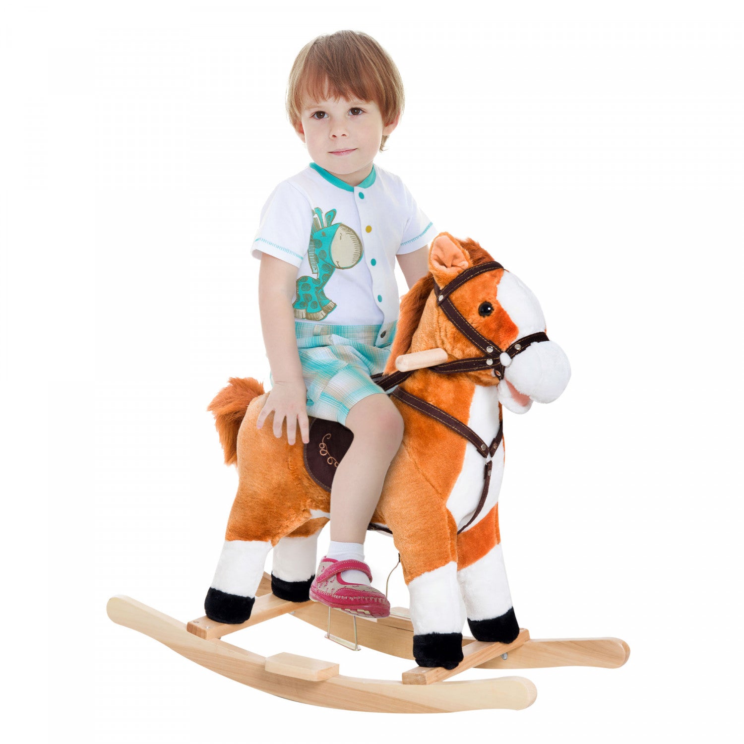 Qaba Cheval A Bascule En Peluche Pour Enfant Avec Son Realiste Roug. Brick