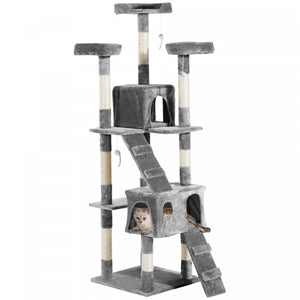 Pawhut Arbre A Chat Multi-niveaux De 67 Pouces Centre D'activites Tour De Poste Pour Condo Meubles Pour Animaux De Compagnie Avec Jouet Gris