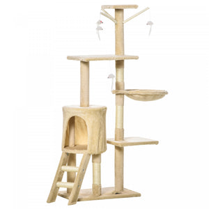 Pawhut Arbre A Chat Multi-niveaux 132 Cm Kitten Playhouse Kitty Centre D'activites Poteau A Gratter Repos Pour Condo Avec Hamac Beige