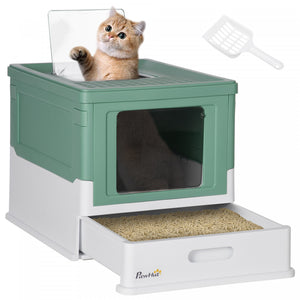 Pawhut Bac A Litiere Pour Chat Entierement Ferme Avec Pelle, Litiere Avec Plateau De Type Tiroir, Pot Pliable Anti-odeur Avec Entree Avant, Sortie Superieure, Toilettes Portables Pour Chat, Vert