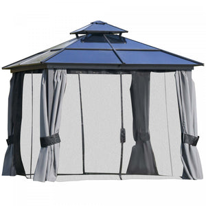 Outsunny 10' X 10' Pavillon D'exterieur A Toit Rigide En Polycarbonate Avec Toit A Deux Niveaux, Cadre En Acier Stable, Rideaux Et Parois Laterales En Filet