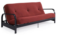 Armature de futon Cleo de format lit double avec accoudoirs en métal noir et matelas à rembourrage en polyester à haute densité thermolié de 6 po