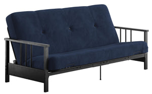 Futon Harlow de format lit double avec accoudoirs en métal et matelas de futon à rembourrage en polyester à haute densité thermolié de 6 po - bleu