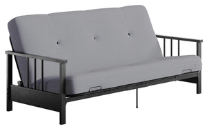 Futon Harlow de format lit double avec accoudoirs en métal et matelas de futon à rembourrage en polyester à haute densité thermolié de 6 po - gris