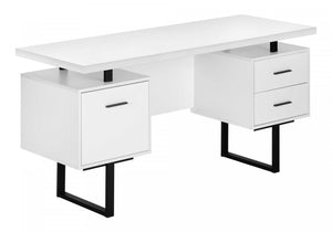 Bureau d’ordinateur de style moderne contemporain avec installation à droite ou à gauche, tiroirs de rangement, stratifié blanc et métal noir pour le bureau à la maison