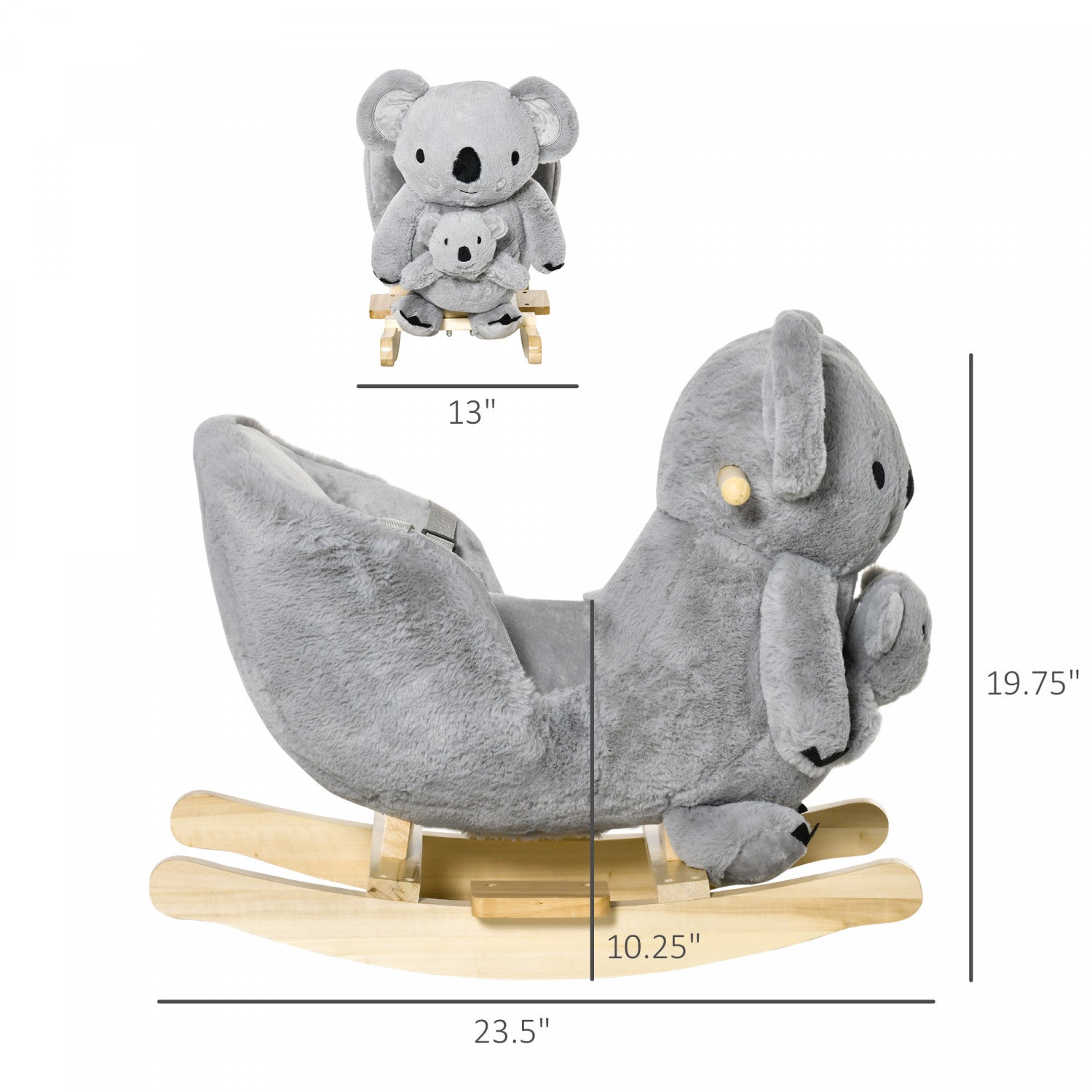 Qaba Kids Plush Ride on Rocking Horse Koala shaped Plush Toy Rocker With Gloved Doll Realistic Sounds For Child 18 36 Months Grey