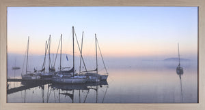Œuvre d’art encadrée au fini lin « Boats in Mist » - 26,75 po x 50,75 po