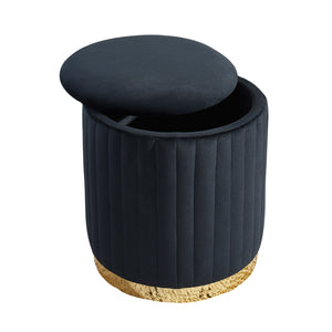 Pouf rond Charlotte noir en velours avec base dorée