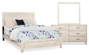 Ensemble de chambre à coucher Arbor 5 pièces bois de grève blanc avec lit à panneaux, commode et miroir - format grand lit