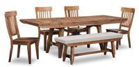  Ensemble de salle à manger Cedar 6 pièces en pin avec table de 72,07 po (L), base à tréteaux, banc et 4 chaises - brun