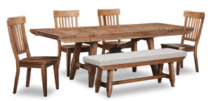 Ensemble de salle à manger Cedar 6 pièces en pin avec table de 72,07 po (L), base à tréteaux, banc et 4 chaises - brun