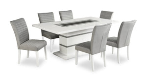 Ensemble de salle à manger somptueux Garbo 7 pièces avec table de 78,75 po (L), incrustation de verre, base piédestal et 4 chaises - blanc