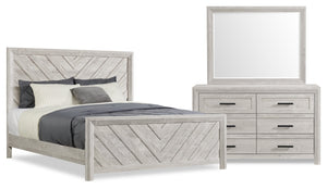 Ensemble de chambre à coucher Lark 5 pièces blanc rustique avec lit à panneaux, commode et miroir - format très grand lit