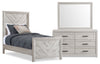 Ensemble de chambre à coucher Lark 5 pièces blanc rustique avec lit à panneaux, commode et miroir - format lit simple