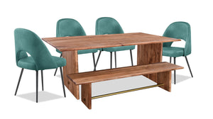 Ensemble de salle à manger Malta de Kort & Co. 6 pièces en acacia avec table de 79 po (L), banc, 4 chaises Bay et fini doré - turquoise