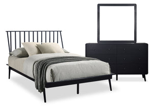 Ensemble de chambre à coucher Milan 5 pièces de style moderne du milieu du 20e siècle avec lit, commode et miroir, noir - format lit double