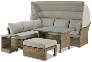 Ensemble de conversation à toit Montego 6 pièces pour la terrasse à l’extérieur avec sofa muni d’un toit, 2 fauteuils sans accoudoirs, pouf et table à café et table de bout avec dessus en verre - osier en résine tressé à la main, résistant aux rayons UV et aux intempéries - naturel et beige