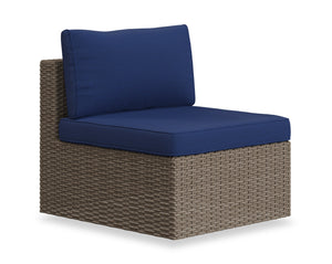 Ensemble Naples 5 pièces pour la terrasse à l’extérieur avec 3 fauteuils en coin et 2 fauteuils sans accoudoirs - osier en résine tressé à la main, résistant aux rayons UV et aux intempéries - naturel et bleu