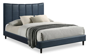 Lit plateforme rembourré Paseo en tissu de cuir végétalien bleu marine - format grand lit