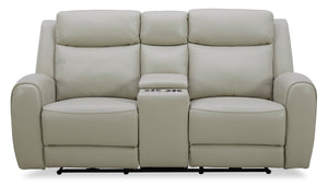 Causeuse à inclinaison électrique Reign de 78 po en cuir véritable de qualité supérieure taupe clair de lune Deltona avec console 