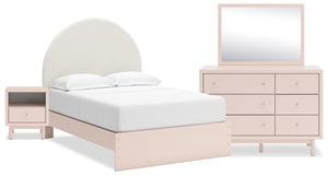 Ensemble de chambre à coucher Lola 5 pièces  avec lit à panneau en tissu bouclé rose tendre, commode, miroir et table de nuit - format lit double