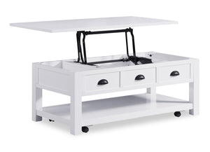 Table à café moderne Centennial de 48 po avec dessus relevable, rangement, tablette et roulettes - blanche