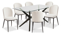  Ensemble de salle à manger Ace 7 pièces avec table de 63 po (L), dessus en verre et 6 chaises - brun et ivoire